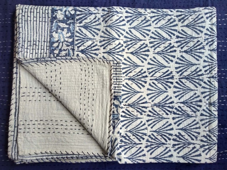 Handmade Kantha Coverlet Indian Kantha Quilt Twin Size Kantha Bedcover Hand Block Printed Kantha Bedspread Cotton Kantha Blanket
