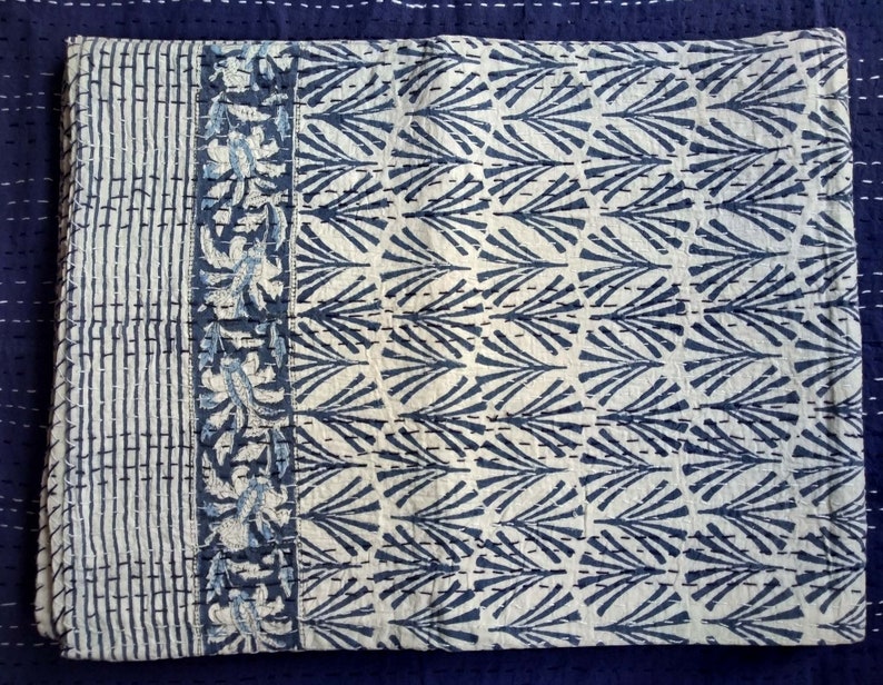 Handmade Kantha Coverlet Indian Kantha Quilt Twin Size Kantha Bedcover Hand Block Printed Kantha Bedspread Cotton Kantha Blanket