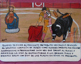 Peinture ex-voto originale retable fait à la main peinture mexicaine thème torero merci d'être en bonne santé face aux corridas d'œuvres d'art de taureaux