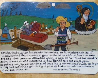 Ex-voto retablo dipinto messicano fatto a mano, tema: becchino vede un morto emergere dalla sua tomba, opera d'arte unica, teschi del Giorno dei Morti