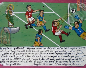 Ex-voto retable contemporain original thème mauvais joueur de football marque un but avec son visage par accident peinture mexicaine faite à la main humour sports de football