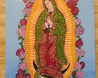 Ex-voto altaarstuk, handgemaakt schilderij gewijd aan de Maagd van Guadalupe, uniek kunstwerk, handgeschilderd op een vel papier in volkskunststijl.