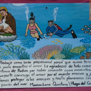 Retable votif original fait à la main peinture mexicaine thème plongeur trouve lamour sous la mer folkart pièce unique amour œuvre dart image 1