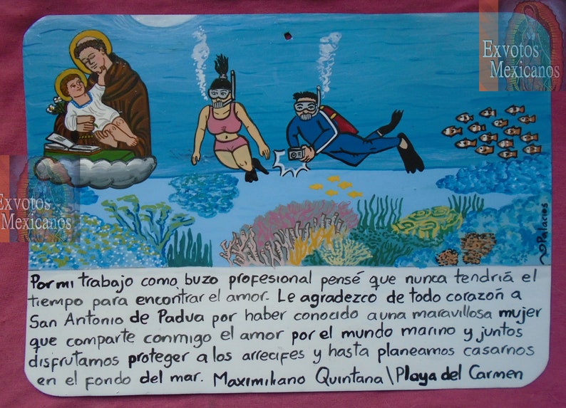 Retable votif original fait à la main peinture mexicaine thème plongeur trouve lamour sous la mer folkart pièce unique amour œuvre dart image 1