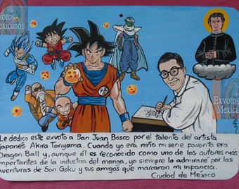 Offrande votive contemporaine originale dédiée à Akira Toriyama faite à la main, pièce unique peinte à la main, retable d'anime manga Dragon Ball Goku folkart