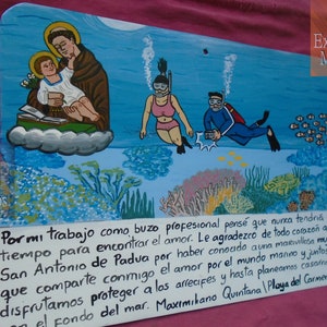 Retable votif original fait à la main peinture mexicaine thème plongeur trouve lamour sous la mer folkart pièce unique amour œuvre dart image 2