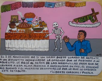 Ex-voto handmade Mexican painting, theme: man sees a deceased person eating from the Day of the Dead offering for his grandfather, unique piece, humorous artwork