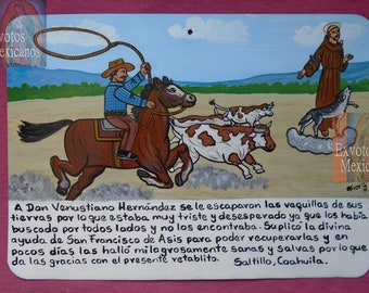 Ex-voto retable contemporain thème bétail retrouve ses vaches perdues dans la campagne tableau mexicain pièce unique San Francisco de Asis