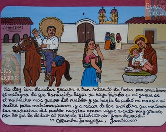 Votive contemporaine originale offrant thème couple amoureux dans la ville peinture mexicaine faite à la main folkart amour pièce unique san antonio de padua