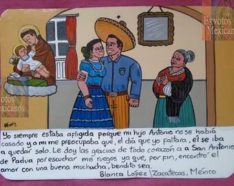 Ex-voto thème contemporain mère merci que son fils a déjà une copine tableau mexicain fait main Pièce unique retable peint à la main amour