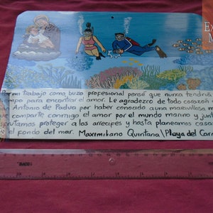 Retable votif original fait à la main peinture mexicaine thème plongeur trouve lamour sous la mer folkart pièce unique amour œuvre dart image 3