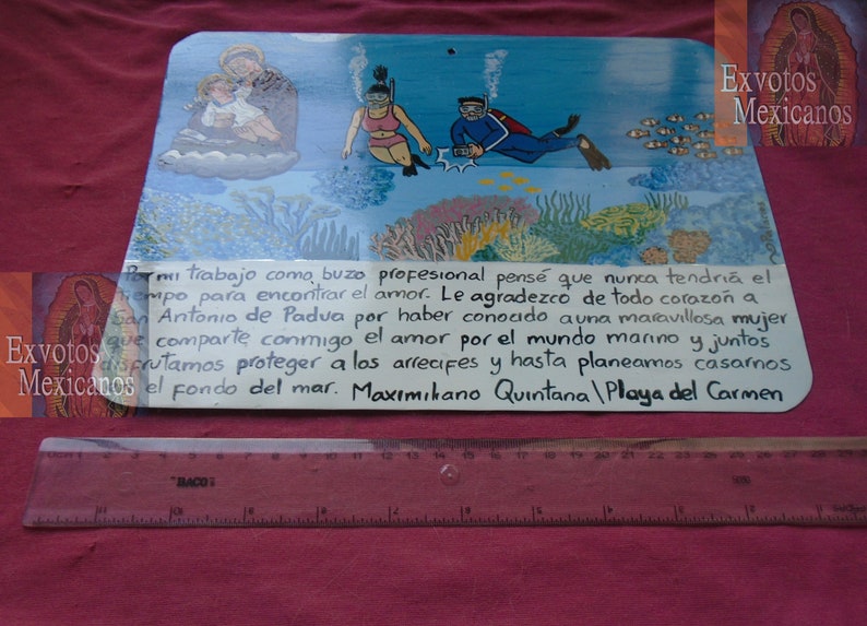 Retable votif original fait à la main peinture mexicaine thème plongeur trouve lamour sous la mer folkart pièce unique amour œuvre dart image 3