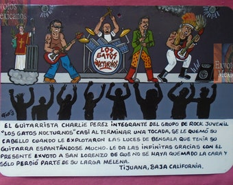 Ex-voto thème rocker contemporain les cheveux sont brûlés par accident peinture mexicaine fait main Pièce unique retable peint à la main humour