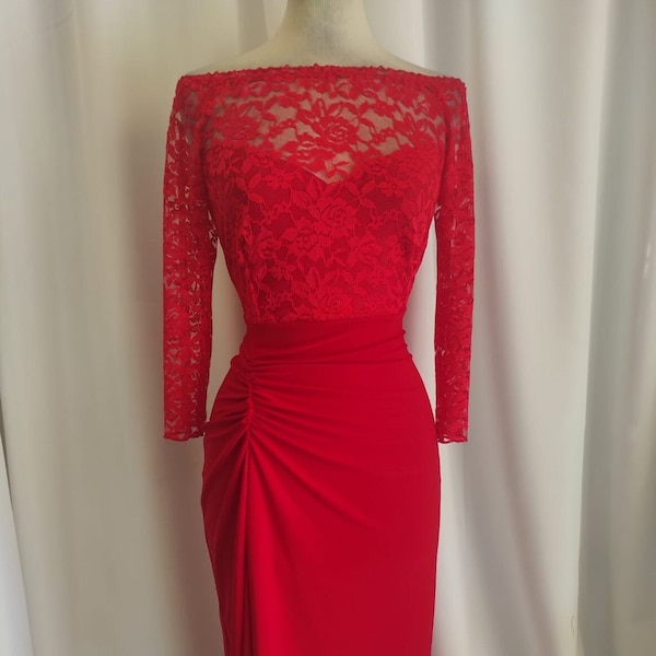 Robe de Tango Argentin Annabelle Rouge pour Femme avec Encolure Bardot et Volants avec Fentes pour Femme, Manches 3/4