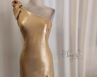 Simon gold laminated Argentine tango dance dress, slits and pink on the shoulder