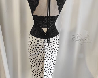 Katia and Amber outfit with polka dot skirt and top with black and white lace, open back with draped neckline