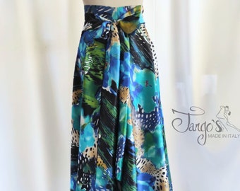 Tango's Orfea skirt with jungle pattern in silk satin, Argentine tango dance clothes, trousers, skirts, shirts, top, shoes, tango dress