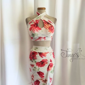 Fato floral Marella com fendas, para dançar tango argentino, vestido de verão com babados