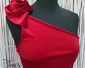 Simona Velluto elegant evening dress, red cocktail dress, medium length midi dress with high slit, customizable