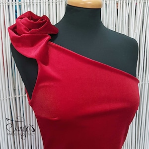 Simona Velluto elegant evening dress, red cocktail dress, medium length midi dress with high slit, customizable