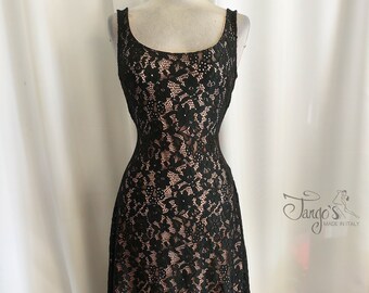 Tango's black and beige Dafne dress with lace and ruffles on the bottom