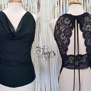 Black Amber top with lace on the back and adjustable bow on the back of the neck, draped neckline