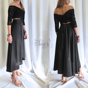 Falda y top completo Orfea en encaje y raso, para bailar tango argentino, vestido cruzado de ceremonia negro con manga