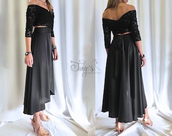 Complete Orfea skirt and top in lace and satin, for dancing Argentine tango, black wrap dress ceremony with sleeve