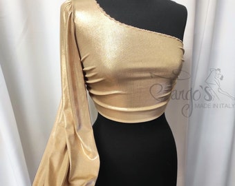 Tango's Alice one-shoulder top with long sleeves in gold jersey, short for dancing, evening wear