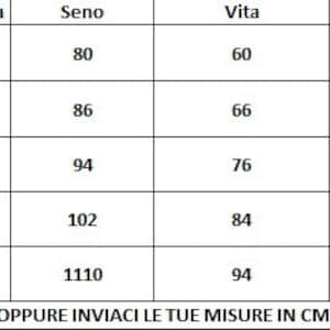 May include: A chart showing size measurements in centimeters for bust, waist, and hips. The sizes are XS, S, M, L, and XL. The chart is titled "Taglia/Circonferenza", "Seno", "Vita", and "Fianco". The text at the bottom of the chart reads "OPPURE INVIACI LE TUE MISURE IN CM".