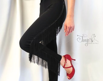 Tight-fitting black Laura trousers with side fringe band, elasticated for dancing Argentine or Latin tango