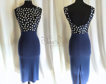 Tango's Gennifer dress blue with polka dots Argentine tango dance clothes trousers skirts shirts top shoes tango dress