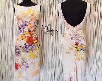 Patrizia summer floral dress with back neckline, summer dress for dancing, with gathering and slit