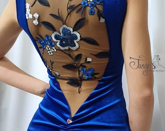 May include: A royal blue velvet dress with a sheer back panel embroidered with blue and white floral designs. The dress has a low back and a ruched detail at the waist. The dress is sleeveless.