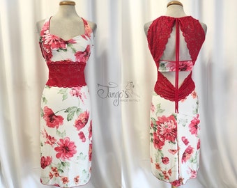 Summer floral Rosaria dress with back neckline and red lace insert, summer dress for dancing, with slit