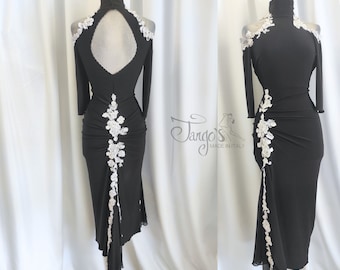 Tango's black TIZIANA DRESS with white flower embroidery, wide slits covered by tulle, for shows, performances, ceremonies and Argentine tango