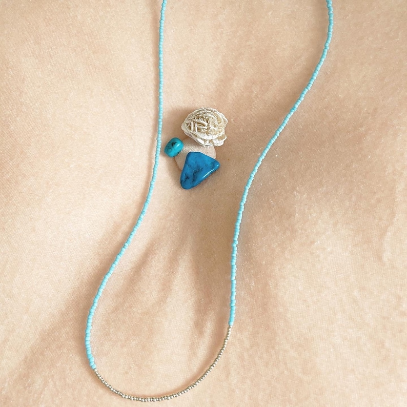 Blu delicate glass beaded necklace minimalist jewelry simple turquoise