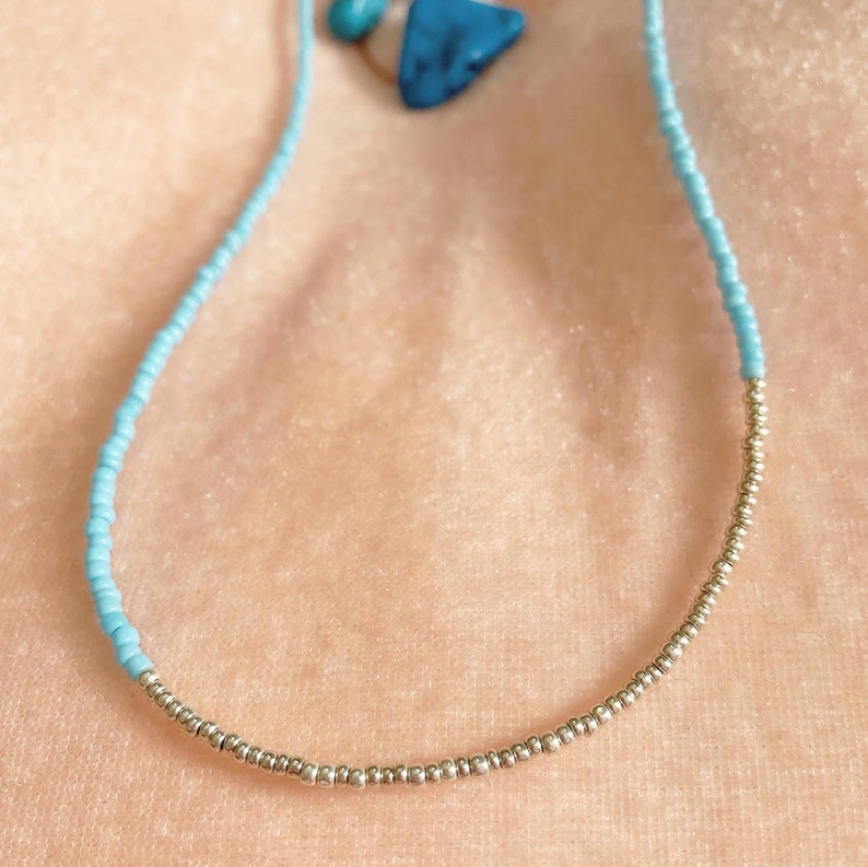 Blu delicate glass beaded necklace minimalist jewelry simple turquoise