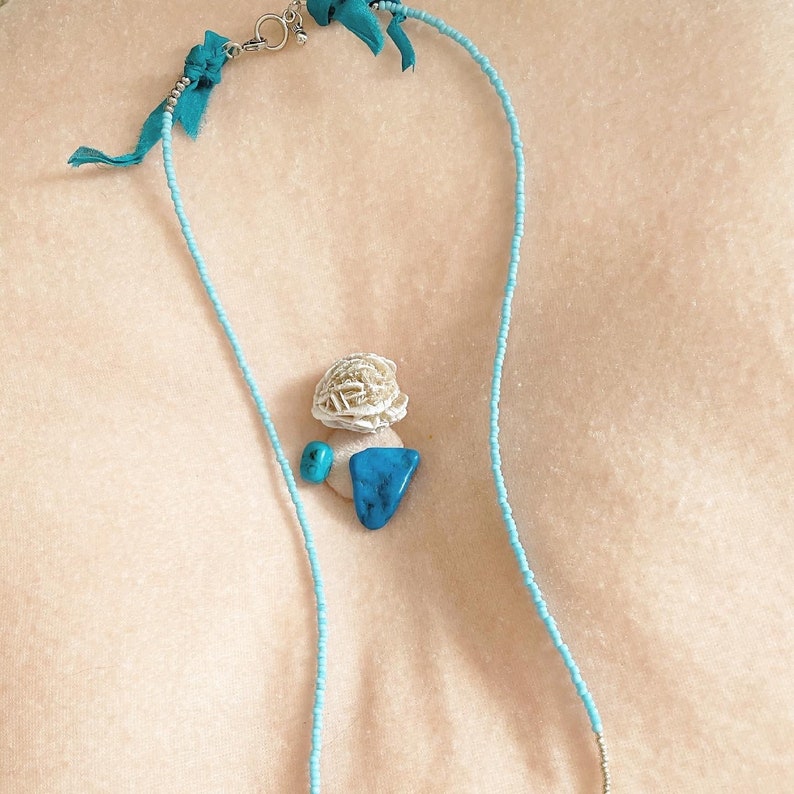 Blu delicate glass beaded necklace minimalist jewelry simple turquoise