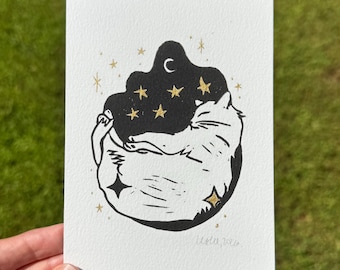 Sleeping Moon Cat Original Hand-Pressed and Hand Painted Linocut Print, Handmade Art Prints, 4x6, Cat Lover Gift, Cat Art Original Painting