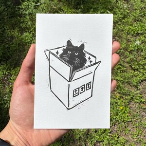 Cat Playing Original Lino Block Print, Cute Linocut 4x6 Animal Art Print, Cat Lover Gift, Pet in a Cardboard Box Print, Linoprint Feline image 2