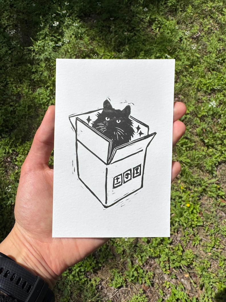 Cat Playing Original Lino Block Print, Cute Linocut 4x6 Animal Art Print, Cat Lover Gift, Pet in a Cardboard Box Print, Linoprint Feline image 2