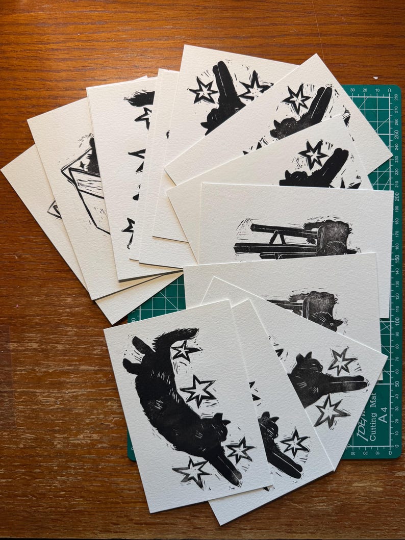 Pu&ograve; includere: Una collezione di cartoline rettangolari in carta bianca con stampe a inchiostro nero. I disegni includono sagome di gatti in varie pose, alcuni circondati da forme a stella e altri raffigurati mentre riposano su mobili o in scatole.