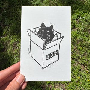 Cat Playing Original Lino Block Print, Cute Linocut 4x6 Animal Art Print, Cat Lover Gift, Pet in a Cardboard Box Print, Linoprint Feline image 1