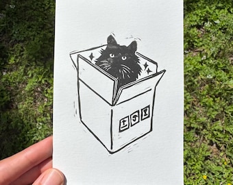 Cat Playing Original Lino Block Print, Cute Linocut 4x6 Animal Art Print, Cat Lover Gift, Pet in a Cardboard Box Print, Linoprint Feline