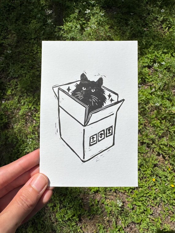 Cat Playing Original Lino Block Print, Cute Linocut 4x6 Animal Art Print, Cat Lover Gift, Pet in a Cardboard Box Print, Linoprint Feline
