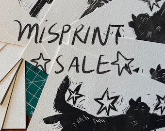 Misprint Sale, Black Cat Linocut Print, Cute Black Cat, Original Animal Linocut Illustration, Cat Art Home Decor Gift, Black and White Art