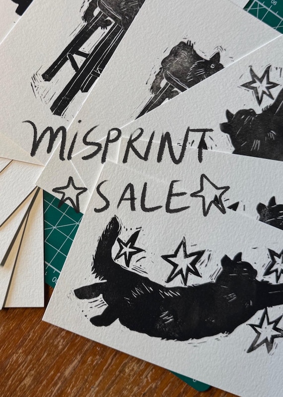 Misprint Sale, Black Cat Linocut Print, Cute Black Cat, Original Animal Linocut Illustration, Cat Art Home Decor Gift, Black and White Art