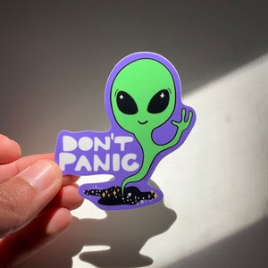 Hitchhiker's Guide to The Galaxy Don't Panic Decal Vinyl Sticker|Cars  Trucks Vans Walls Laptop| White |5.5 x 4.5 in|LLI237