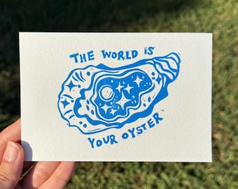 The World is Your Oyster Linocut Block Print | 4 x 6 Mini Print | Printmaking | Handmade | Whimsical Fantasy Oyster